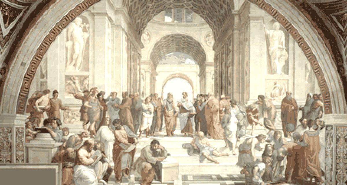 A pixelated interpretation of Raphael’s School of Athens, with people gathering to learn, discuss, and create.